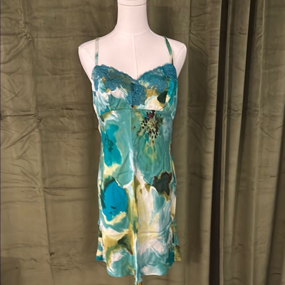 Josie Natori 100% silk Teal and Yellow Floral Slip Dress, M